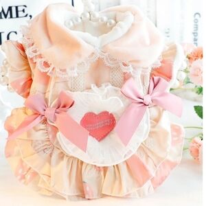 New Strawberry pink heart bow ruffle fleece dog cat princess fall winter dress S